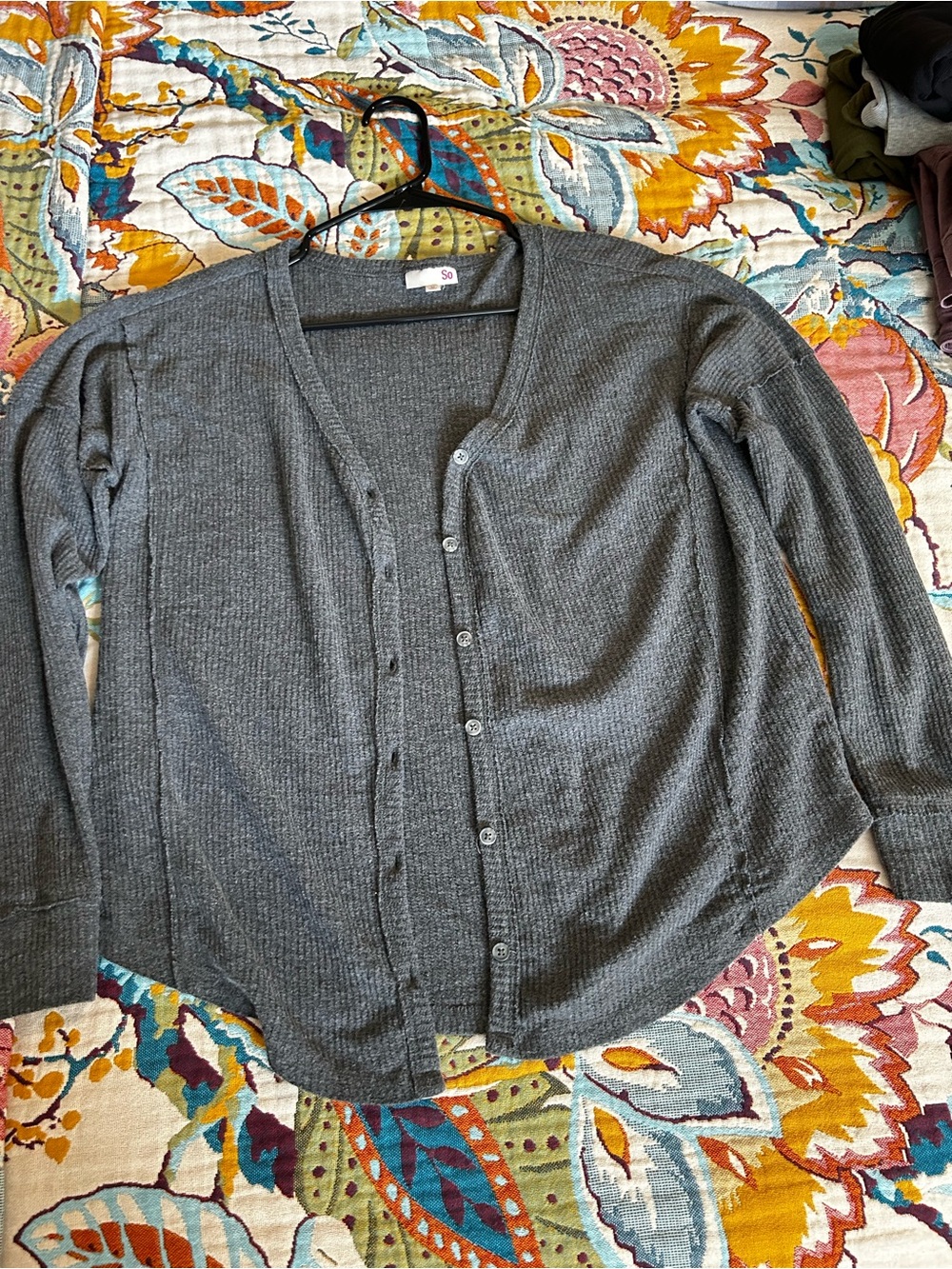 SO Charcoal Gray Ribbed V-Neck Button Cardigan